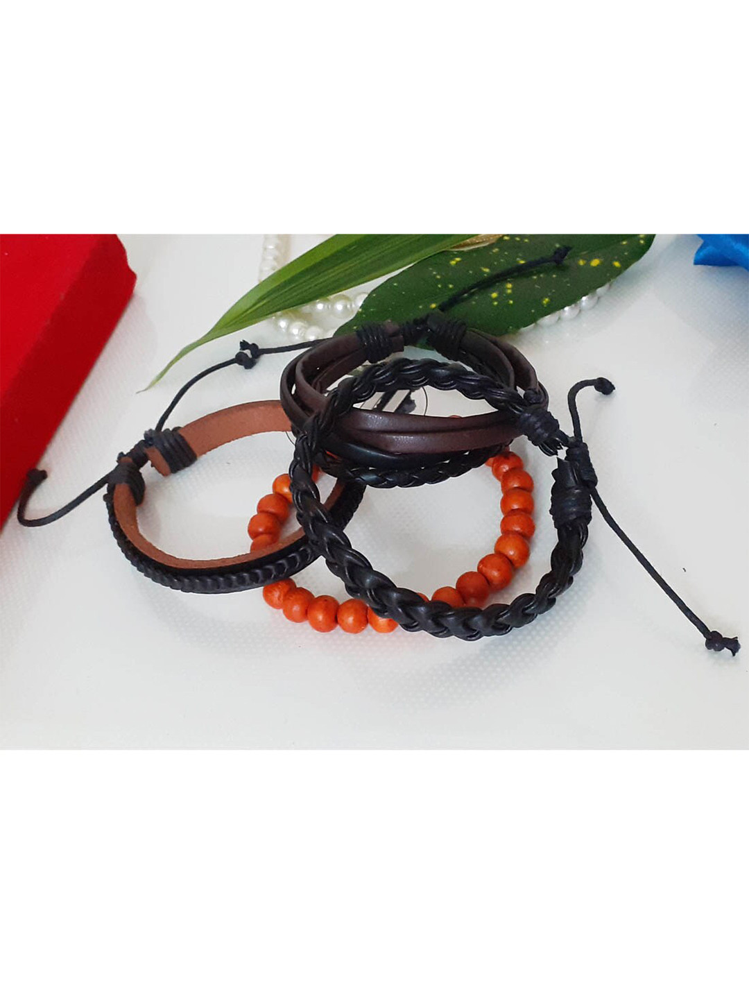 RICH AND FAMOUS Men Set of 4 Brown & Black Leather Wraparound Bracelet