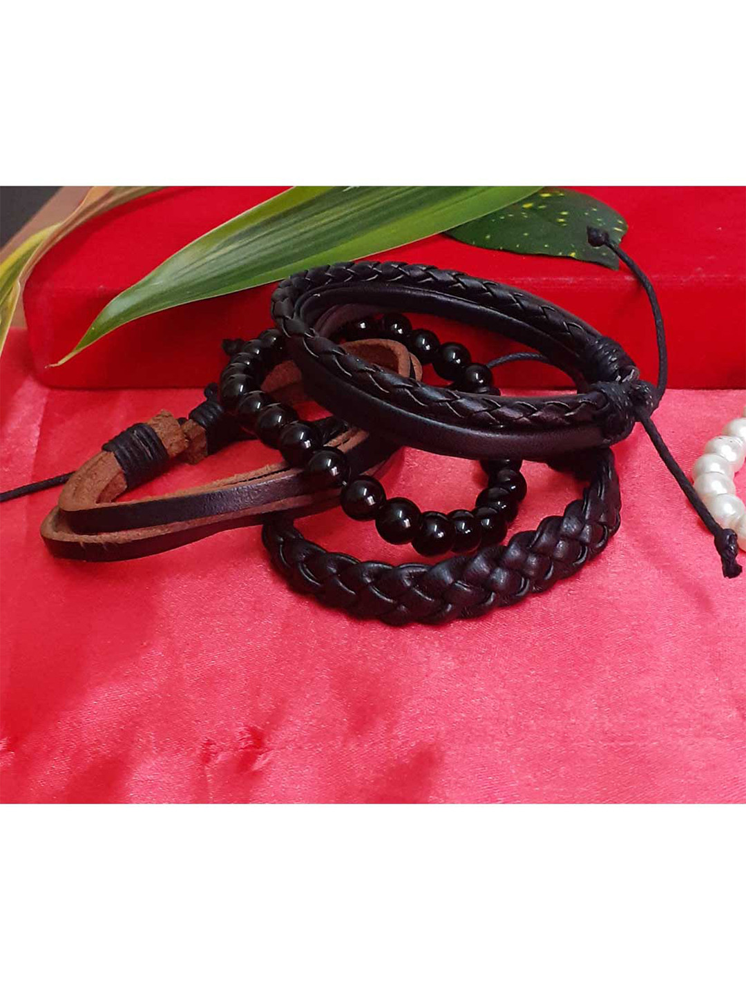 RICH AND FAMOUS Men Set of 4 Black & Brown Leather Wraparound Bracelet