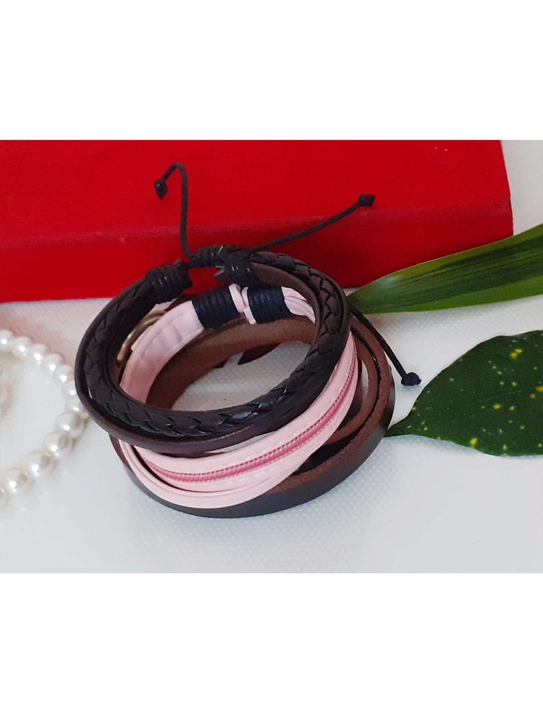 RICH AND FAMOUS Men 3 Brown & Pink Leather Wraparound Bracelet