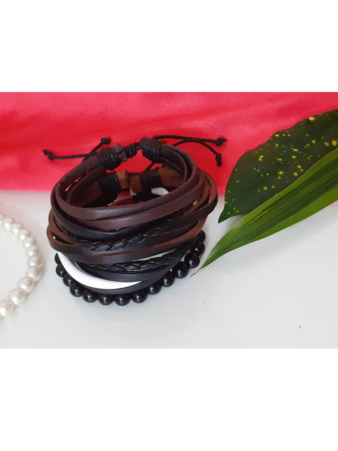 RICH AND FAMOUS Men 4 Black & Brown Leather Wraparound Bracelet