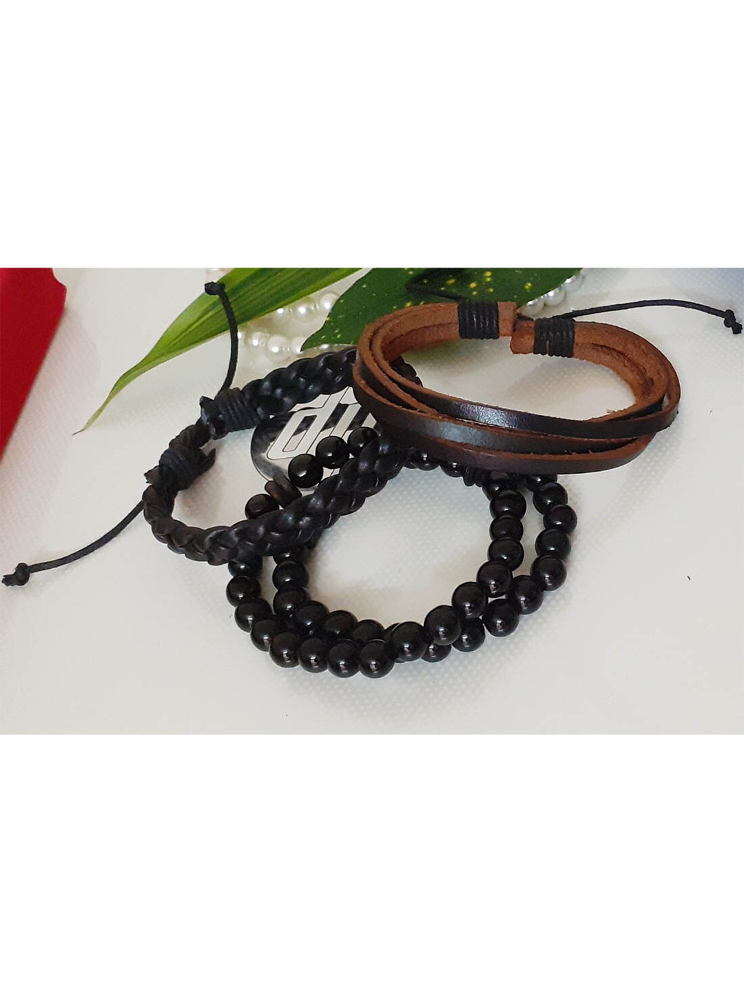 RICH AND FAMOUS Men Set of 4 Black & Brown Leather Wraparound Bracelet