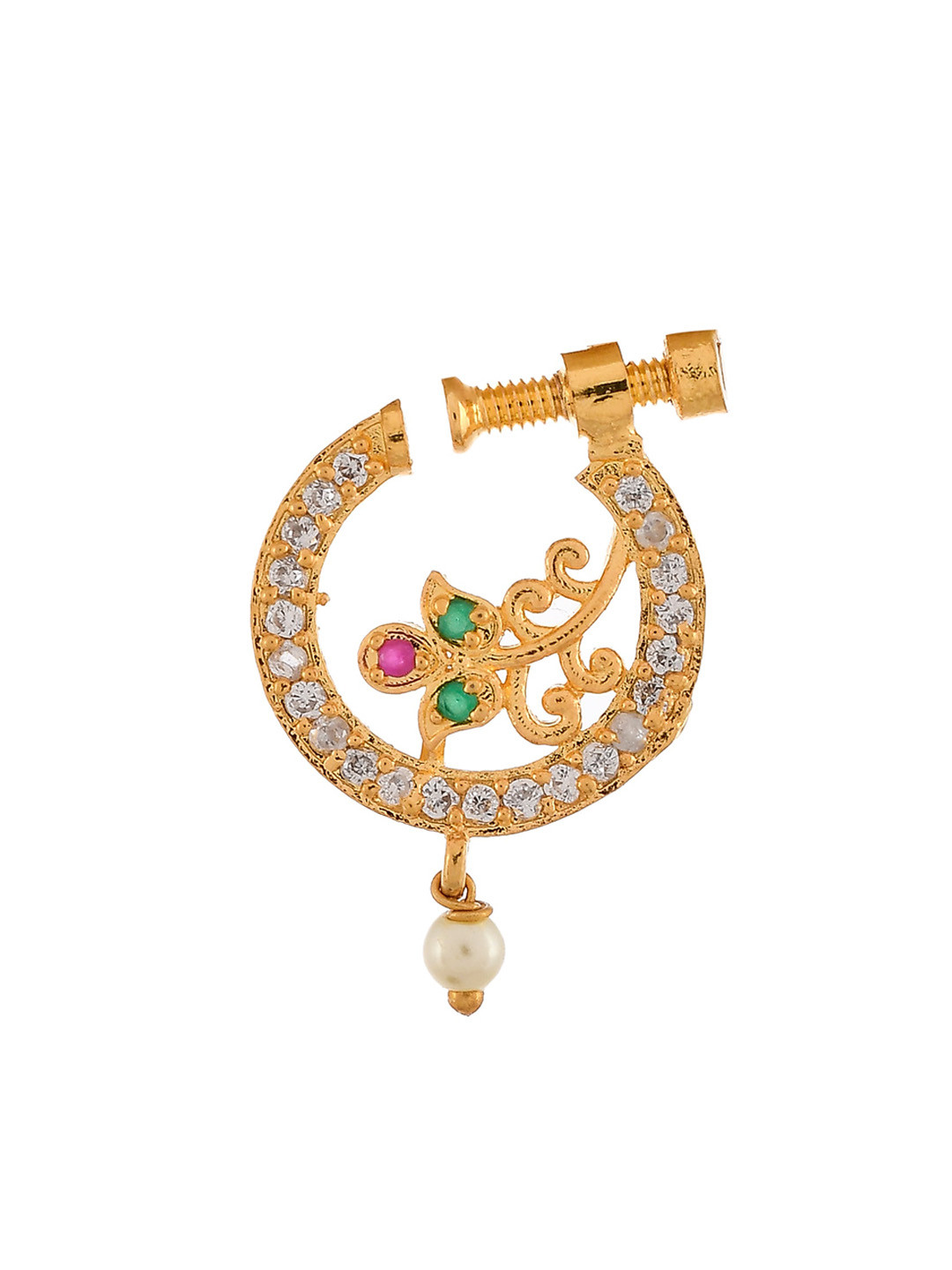 Silvermerc Designs Gold-Plated White CZ-Studded Meenakari Nose Ring