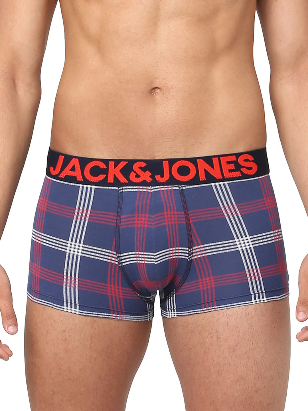 Jack & Jones Men Blue & Red Checked Cotton Short Trunk 253536001