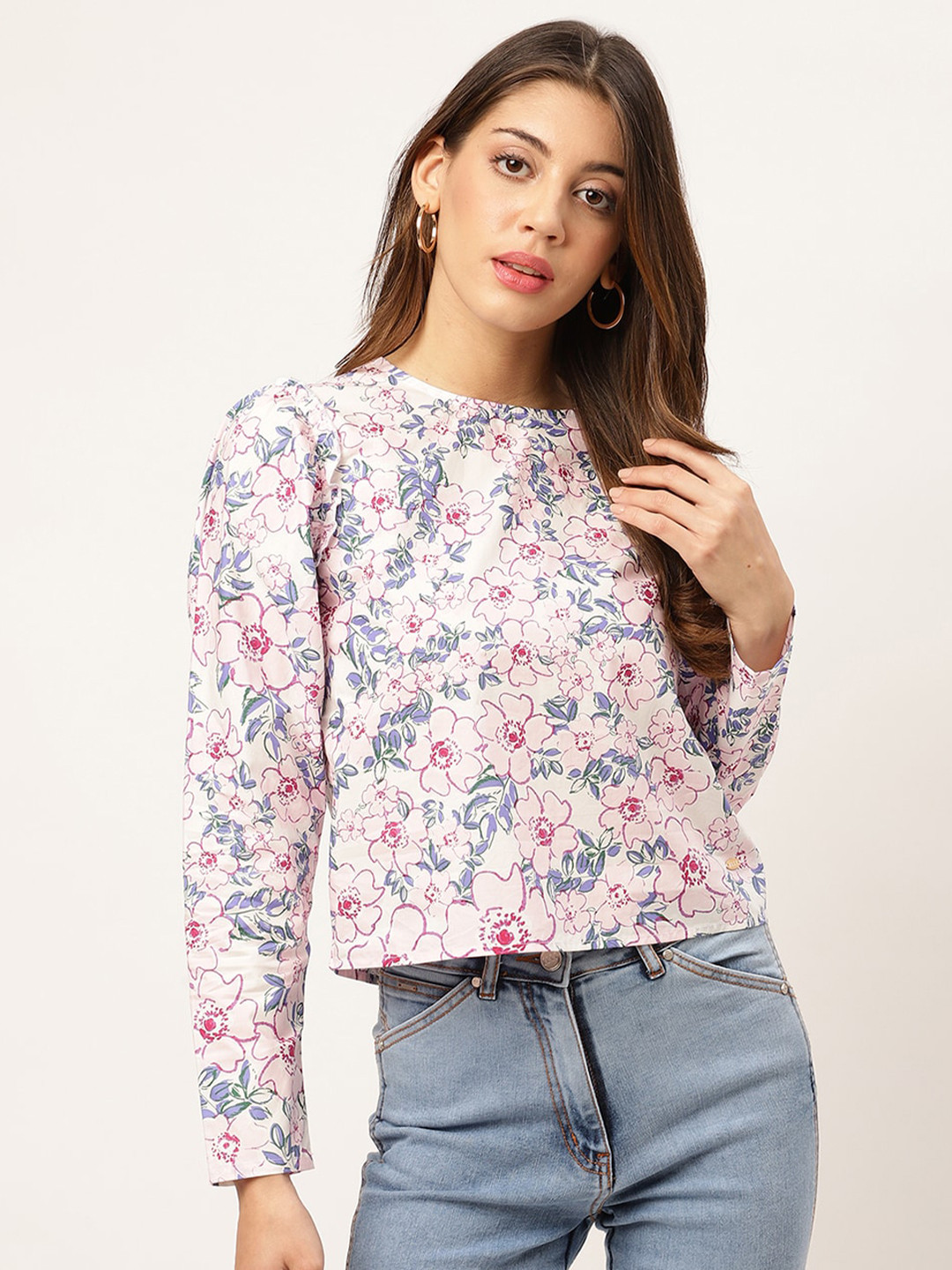 ELLE Pink Floral Printed Round Neck Full Sleeves Pure Cotton Top