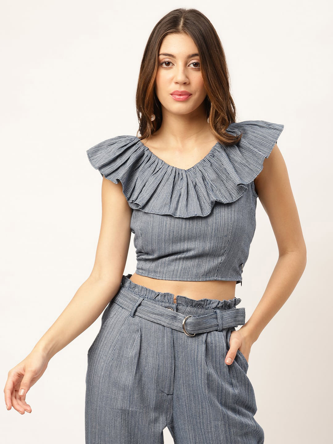 ELLE Blue Striped  Cap Sleeves Crop Top
