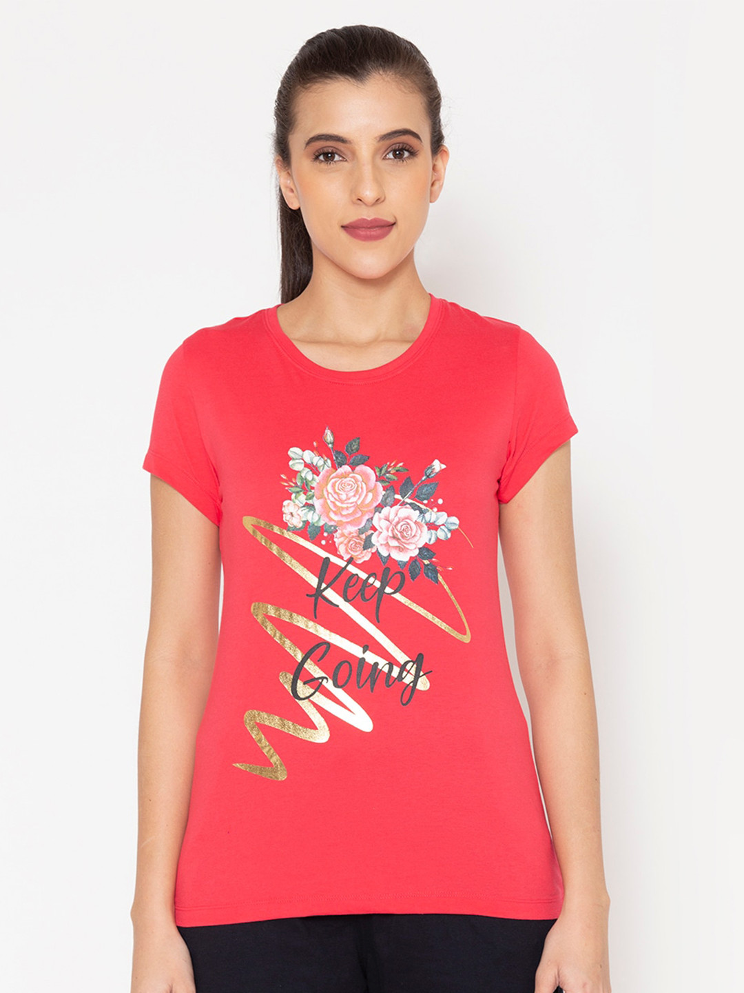 BODYACTIVE Women Pink Floral Printed Training or Gym T-shirt