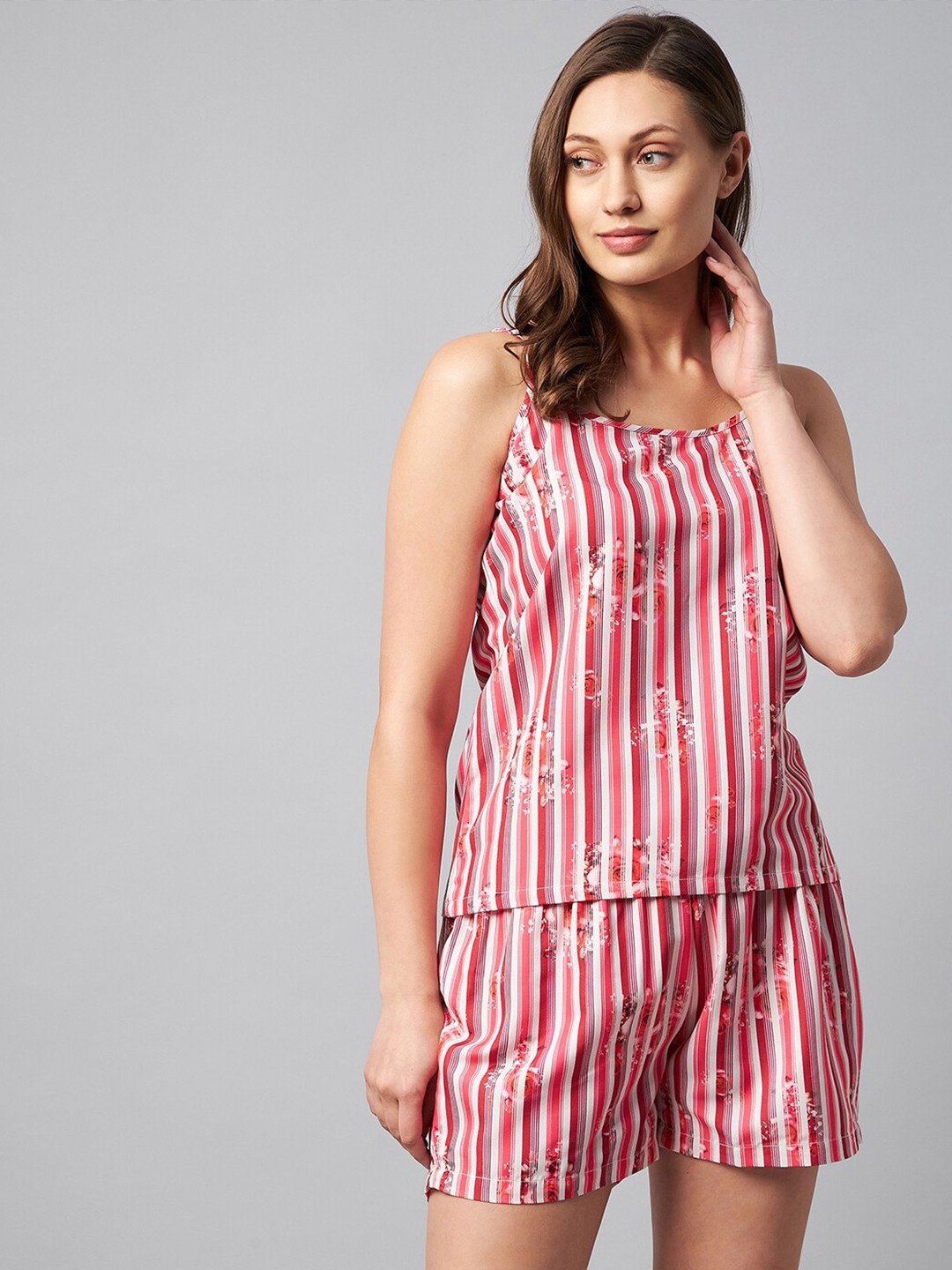 Orchid Blues Women Red & White Striped Night suit OBNTWR13011