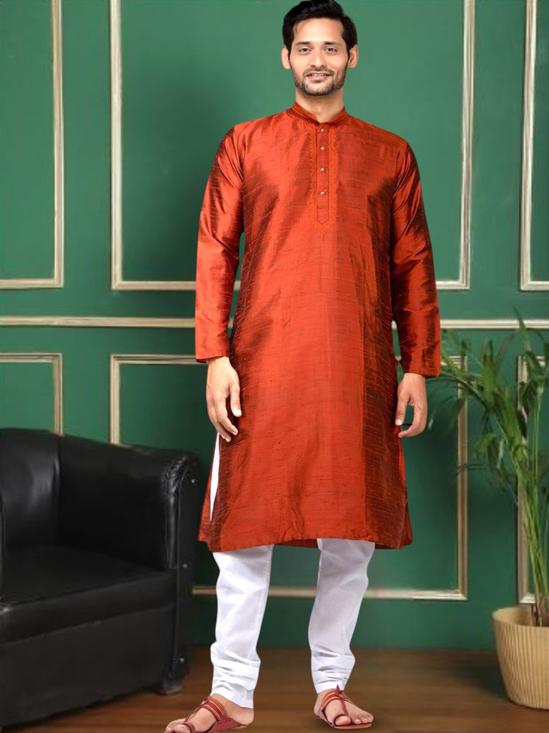 TATTVA Men Maroon Pure Silk Kurta with Pyjamas