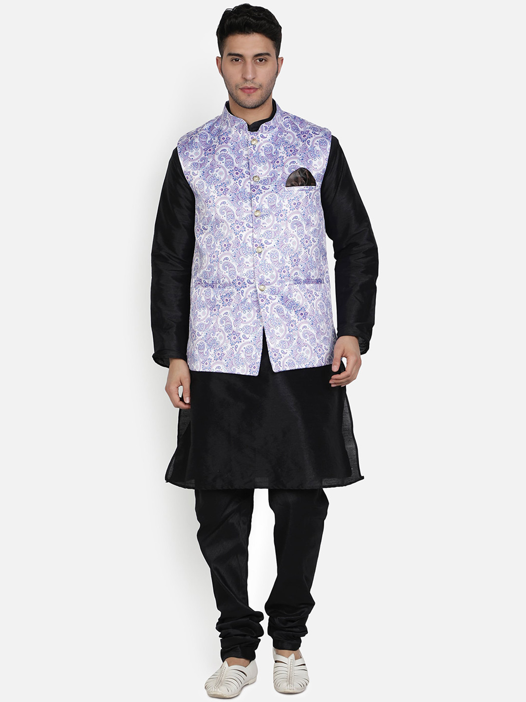 Armaan Ethnic Men Black & Blue Dupion Silk Kurta with Churidar