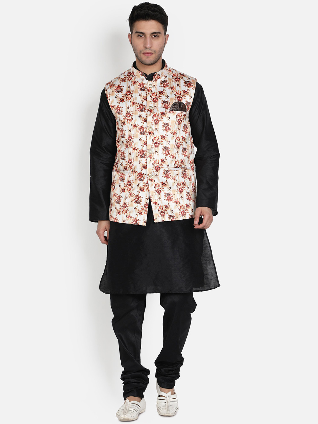 Armaan Ethnic Men Black & White Dupion Silk Kurta with Pyjama & With Nehru Jacket