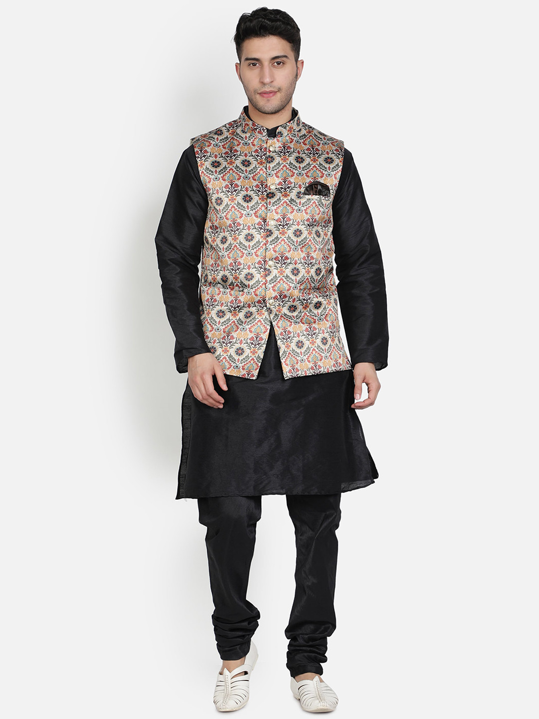 Armaan Ethnic Men Black Dupion Silk Kurta with Churidar & Nehru Coat