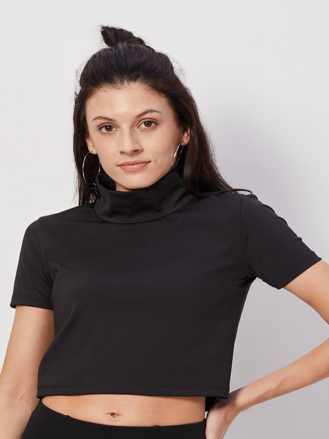 SEEQ Women Black High Neck Moisture Wicking Boxy Training or Gym Crop T-shirt