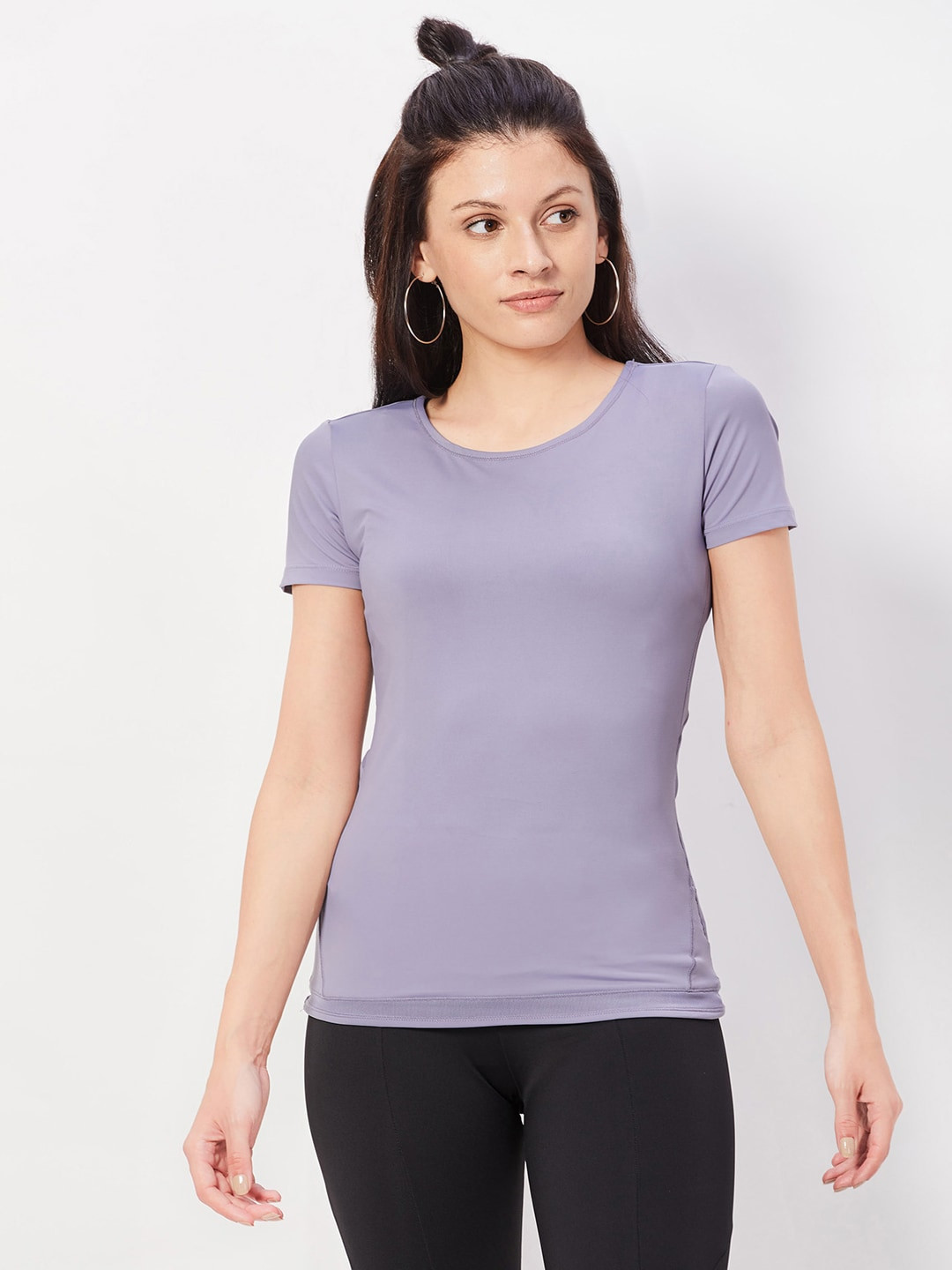 SEEQ Women Blue Moisture Wicking Raw Edge Slim Fit Yoga T-shirt