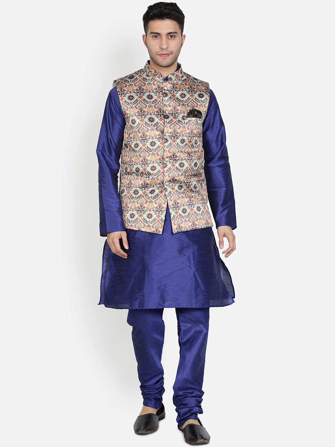 Armaan Ethnic Men Blue Dupion Silk Kurta with Pyjama & With Printed Nehru Jacket