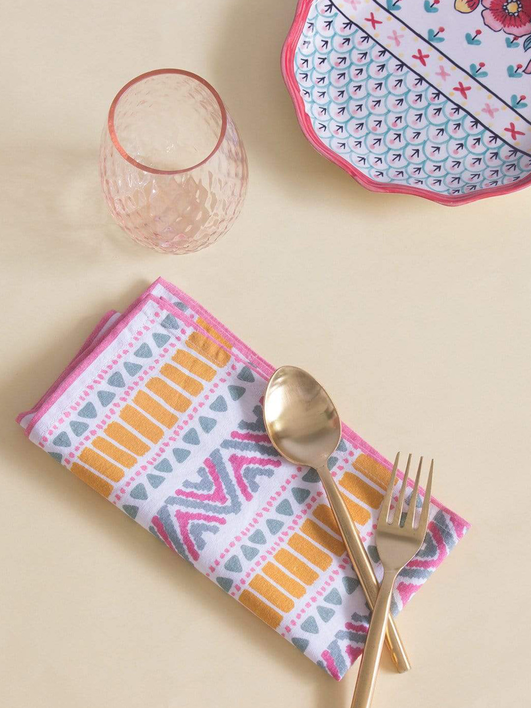 The Wishing Chair Set Of 6 Yellow & Pink Printed Cotton Table Napkins