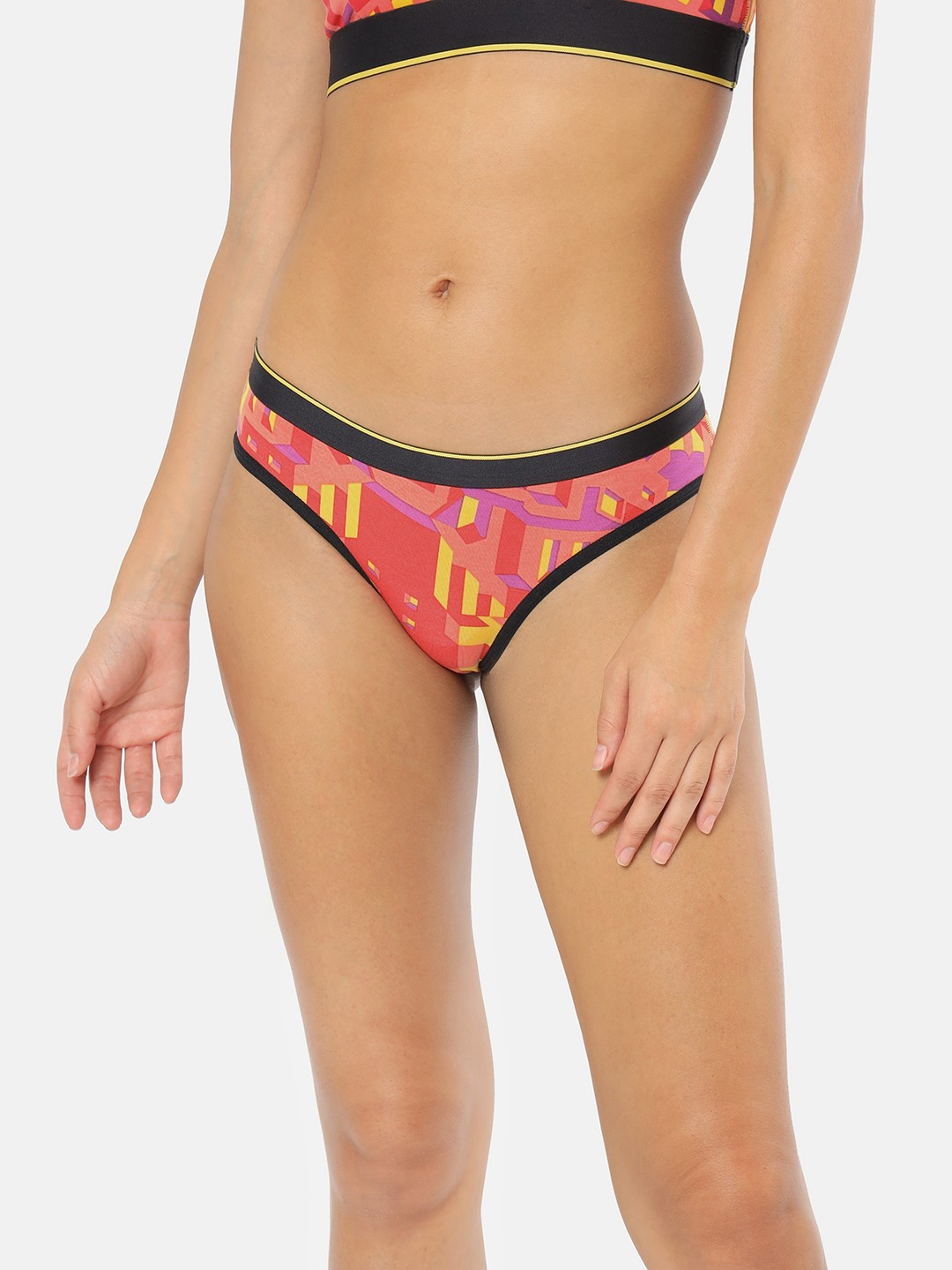 bummer Women Red & Yellow Micro Modal Printed Low Rise Bricked Bikini Briefs