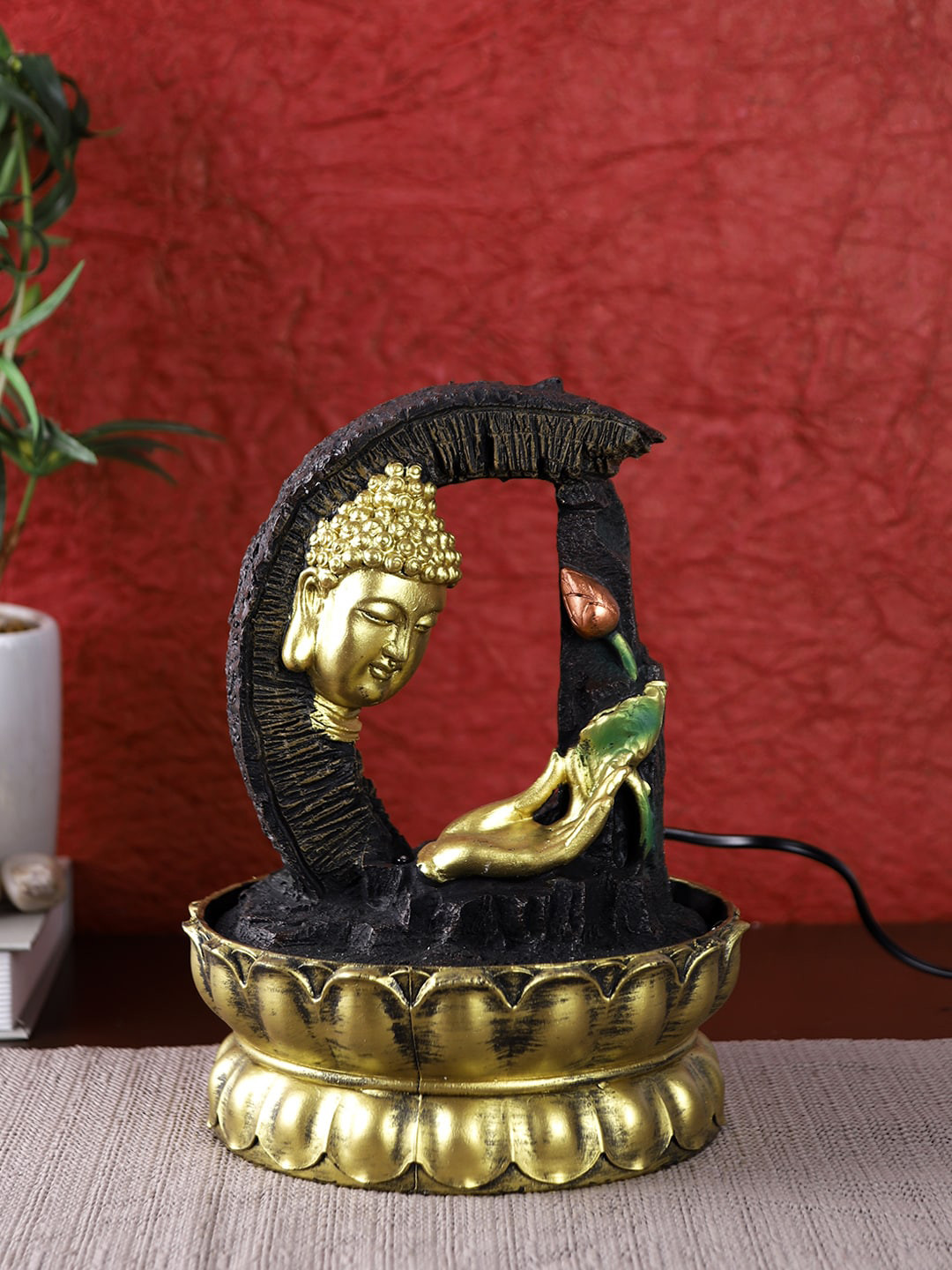 TAYHAA Brown & Gold-Toned Hand Sculpted Buddha Indoor Water Fountain with Light