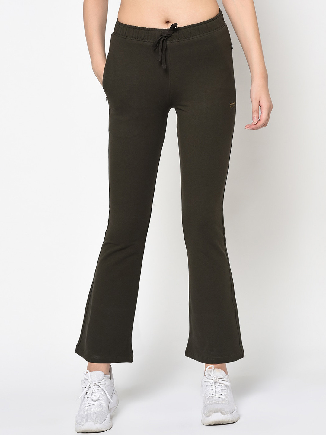 FEMEA Women Olive Green Solid Bootcut Cotton Track Pants