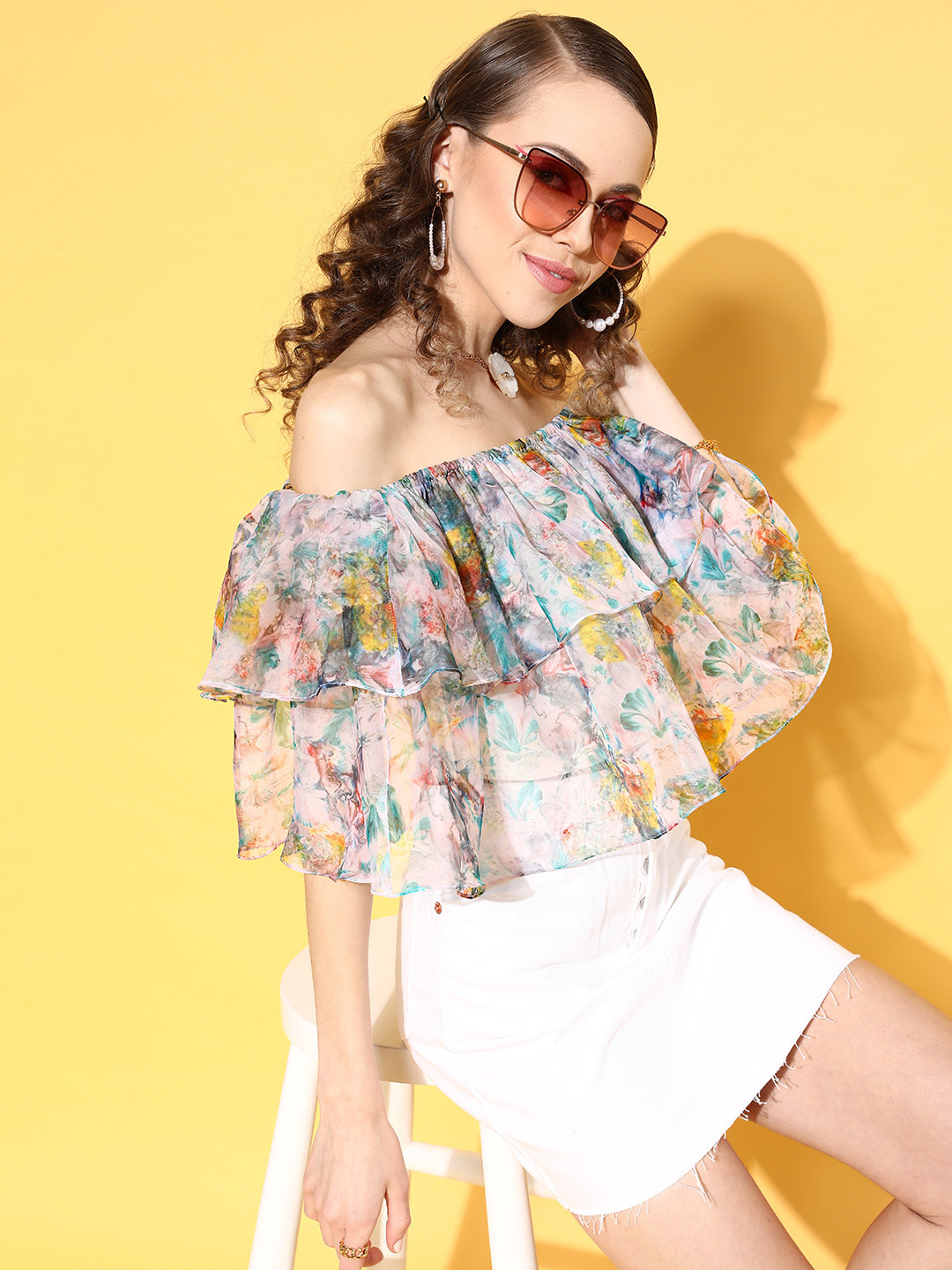 Athena Women Classic White Tie and Dye Feminine Frills Top