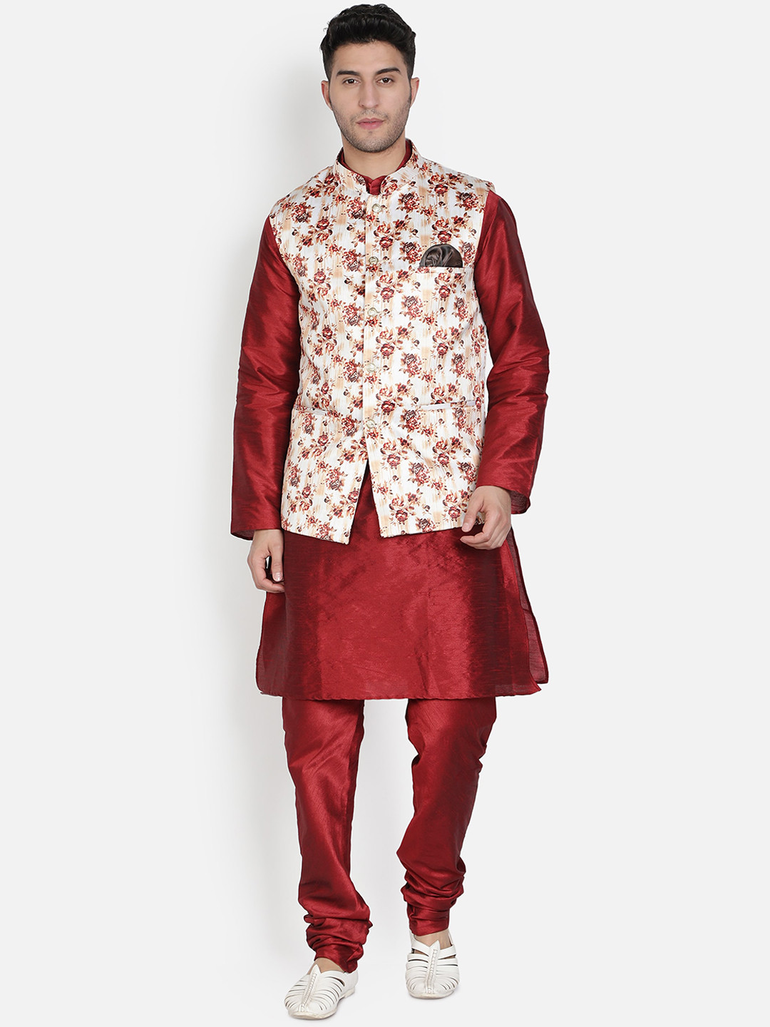 Armaan Ethnic Men Maroon Dupion Silk Kurta with Pyjama & With Printed Nehru Jacket