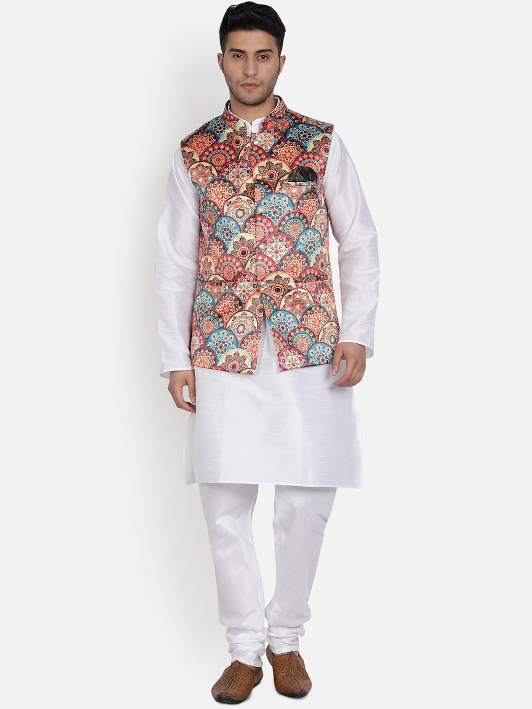 Armaan Ethnic Men White Solid Kurta with Churidar & Nehru Jacket