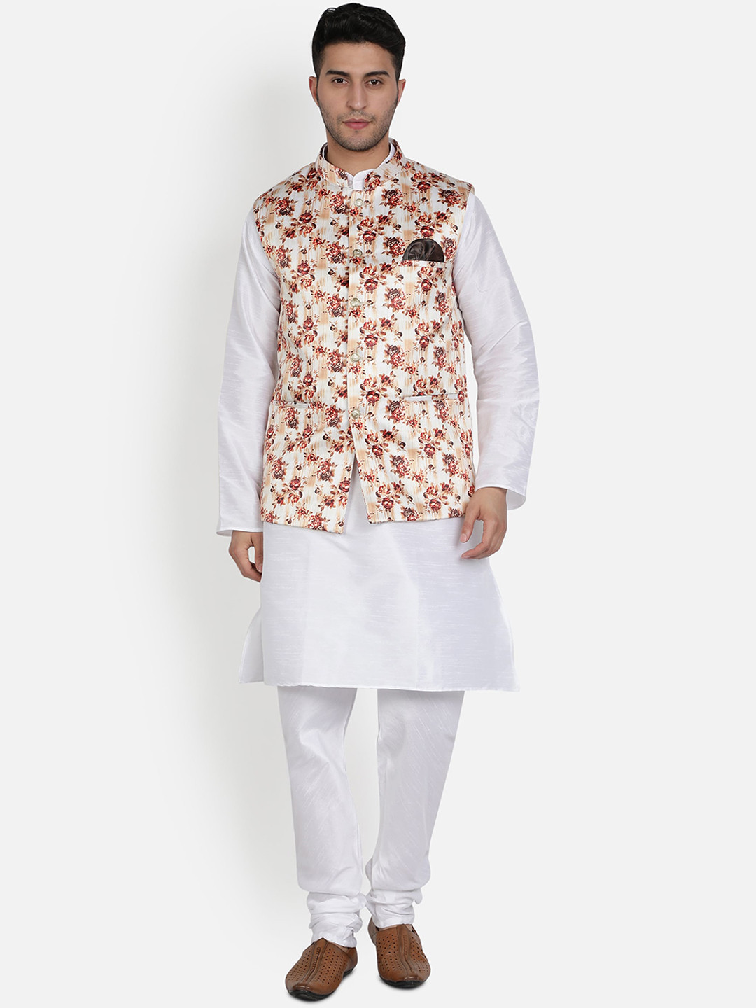 Armaan Ethnic Men White Solid Kurta with Churidar & Nehru Jacket
