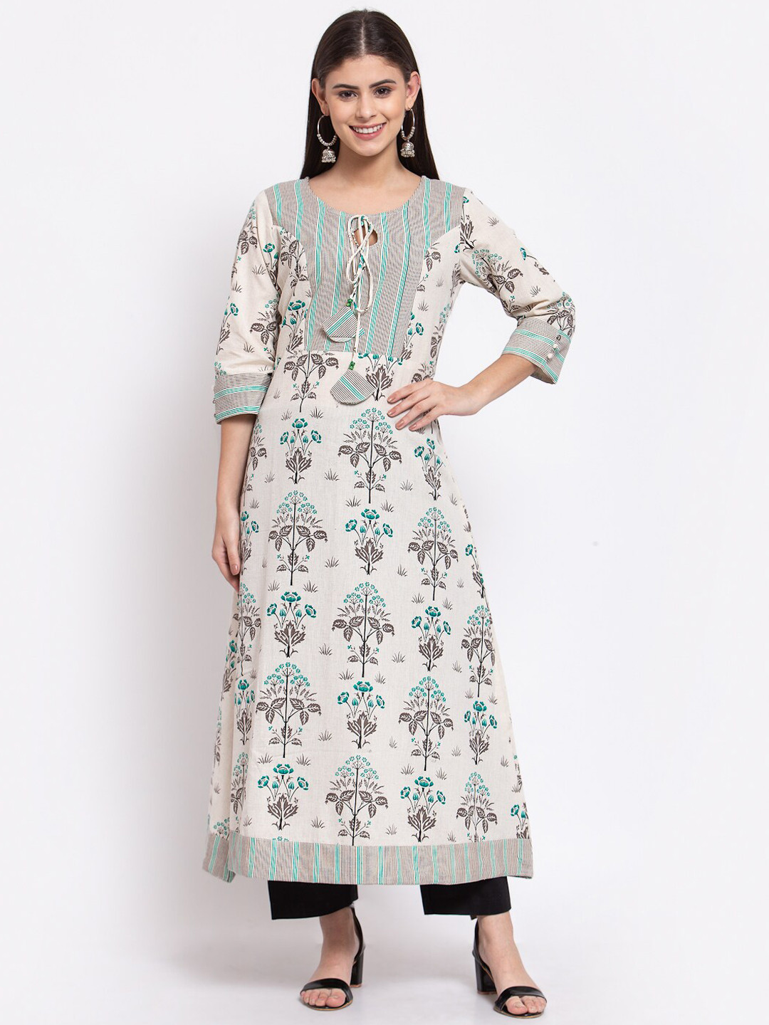 Saart Bunaai Women White & Grey Ethnic Motifs Printed A-Line Kurta