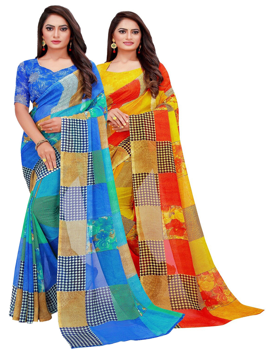 Florence Pack of 2 Blue & Red Printed Pure Georgette Sarees