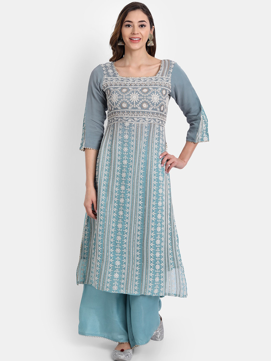 HK colours of fashion Women Teal Embroidered Thread Work Kurta with Palazzos