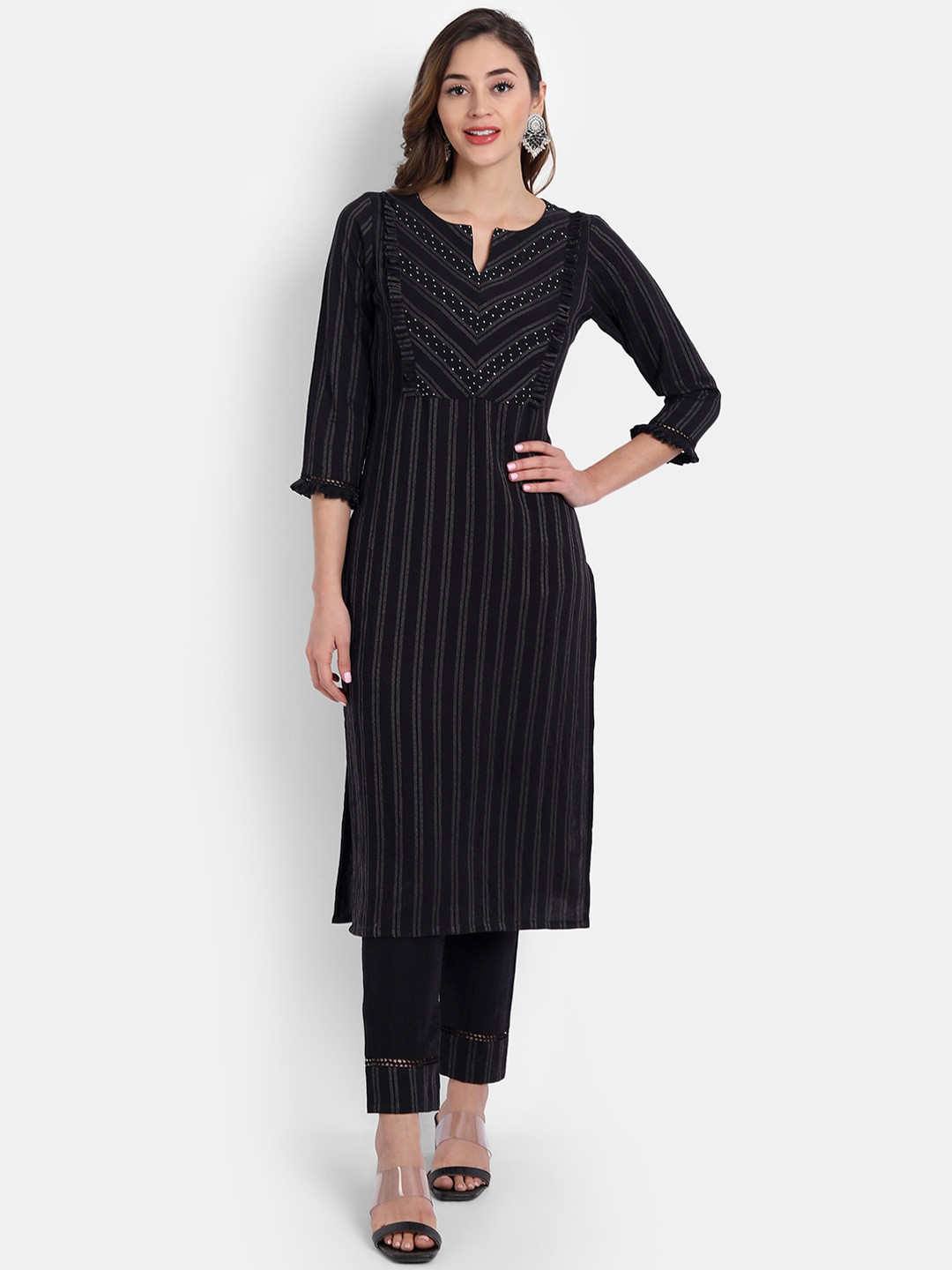 HK colours of fashion Women Black Striped Kurta with Trousers
