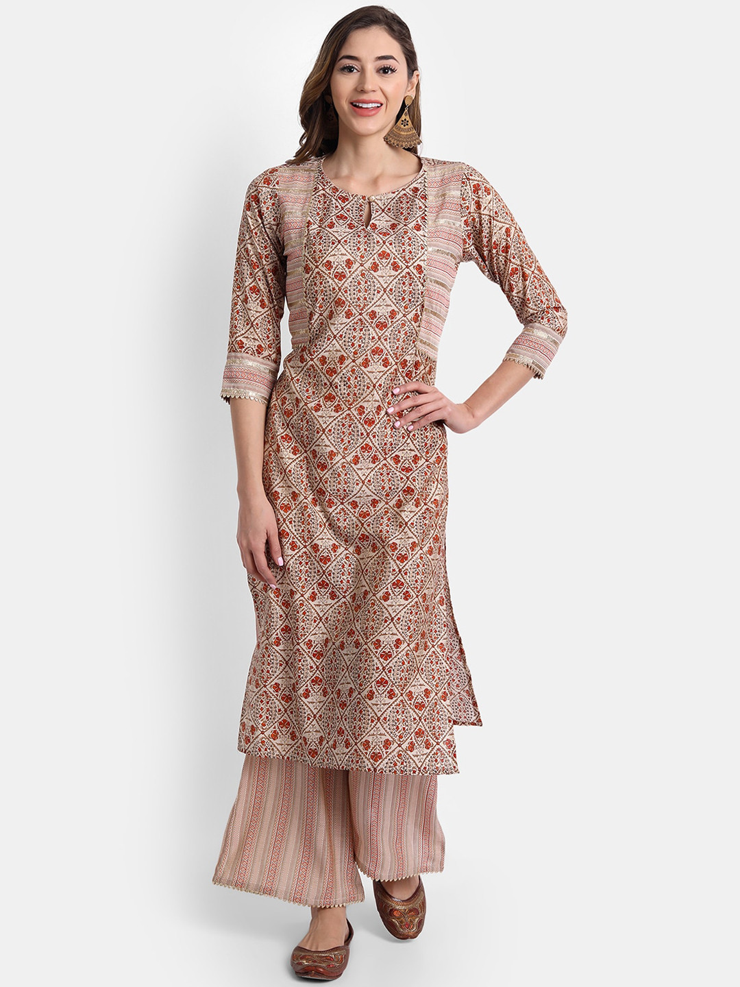 HK colours of fashion Women Brown Floral Printed Kurta with Palazzos