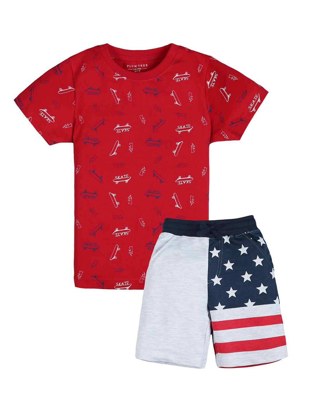 PLUM TREE Boys Grey & Red Printed Cotton T-shirt with Shorts