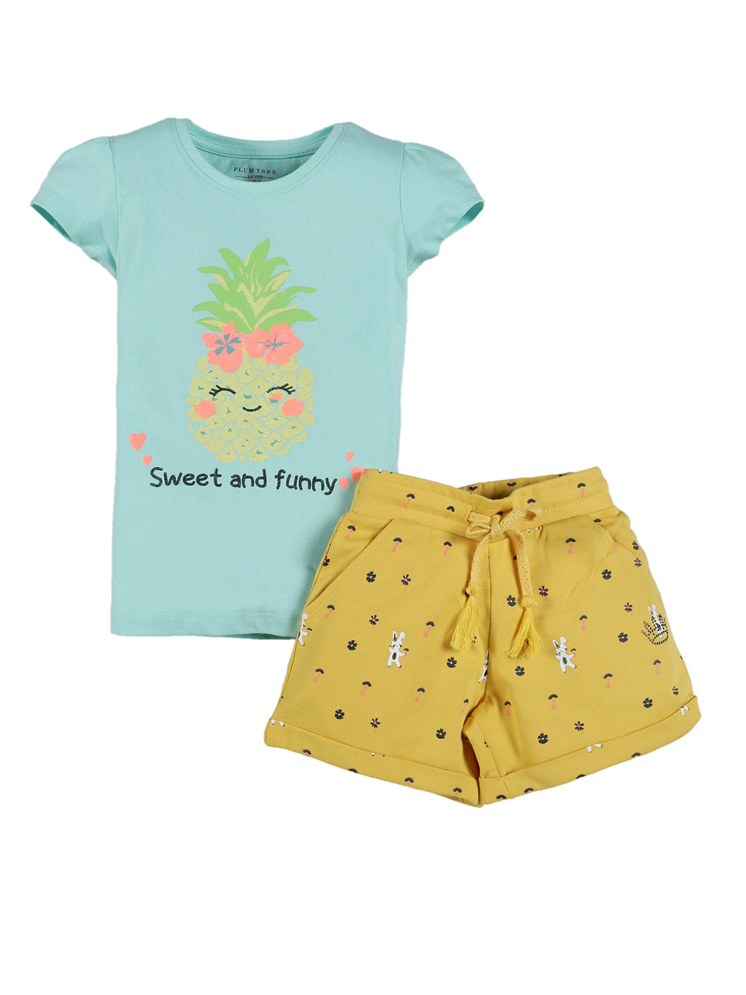 PLUM TREE Girls Blue & Yellow Printed Pure Cotton T-shirt with Trousers