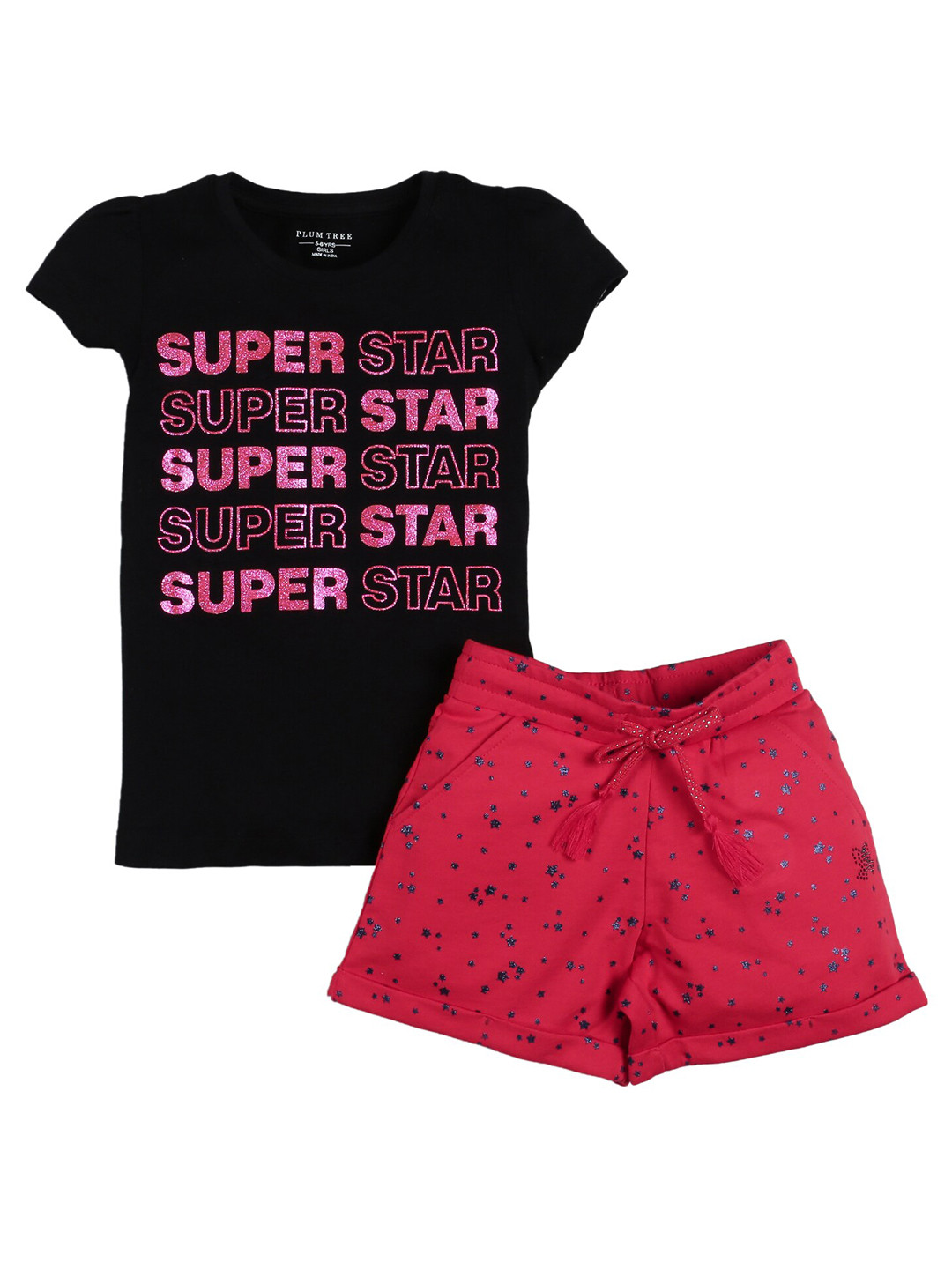 PLUM TREE Girls Red & Black Printed Cotton T-shirt with Shorts