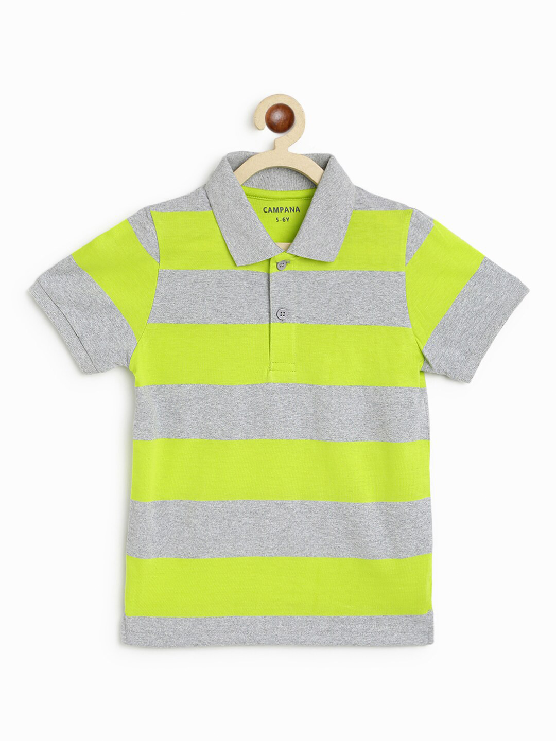 Campana Boys Lime Green & Grey Striped Polo Collar Pure Cotton T-shirt