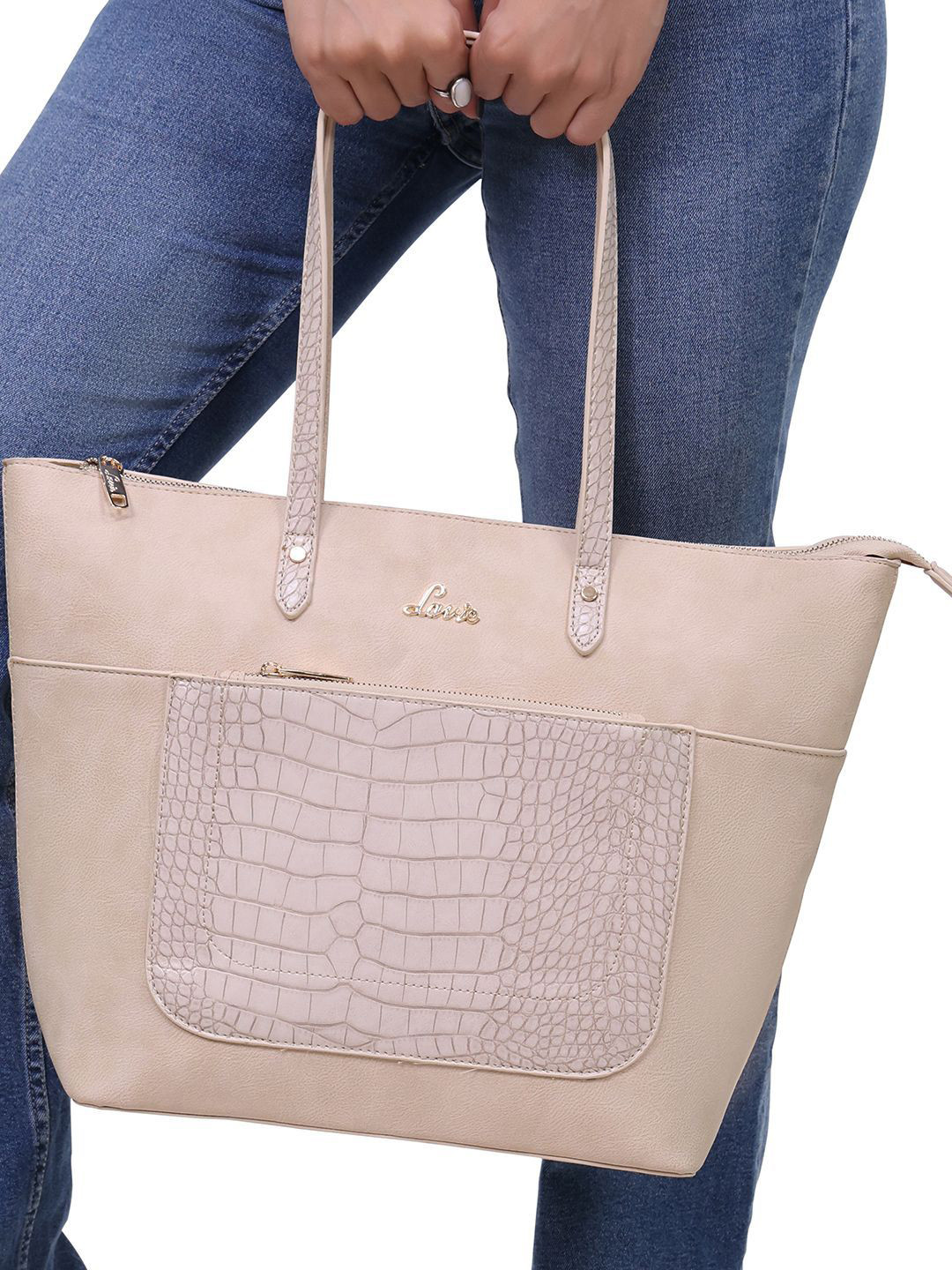 Lavie Lily Beige Textured Structured Shoulder Bag