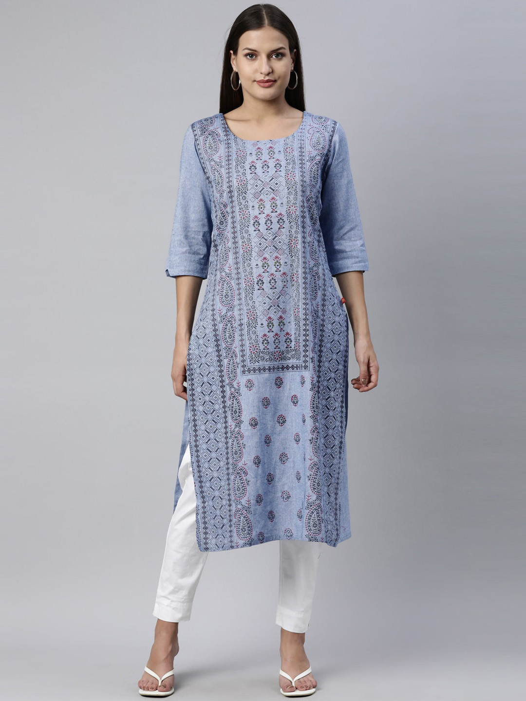 Marcia Women Blue Ethnic Motifs Printed Indie Prints Handloom Kurta