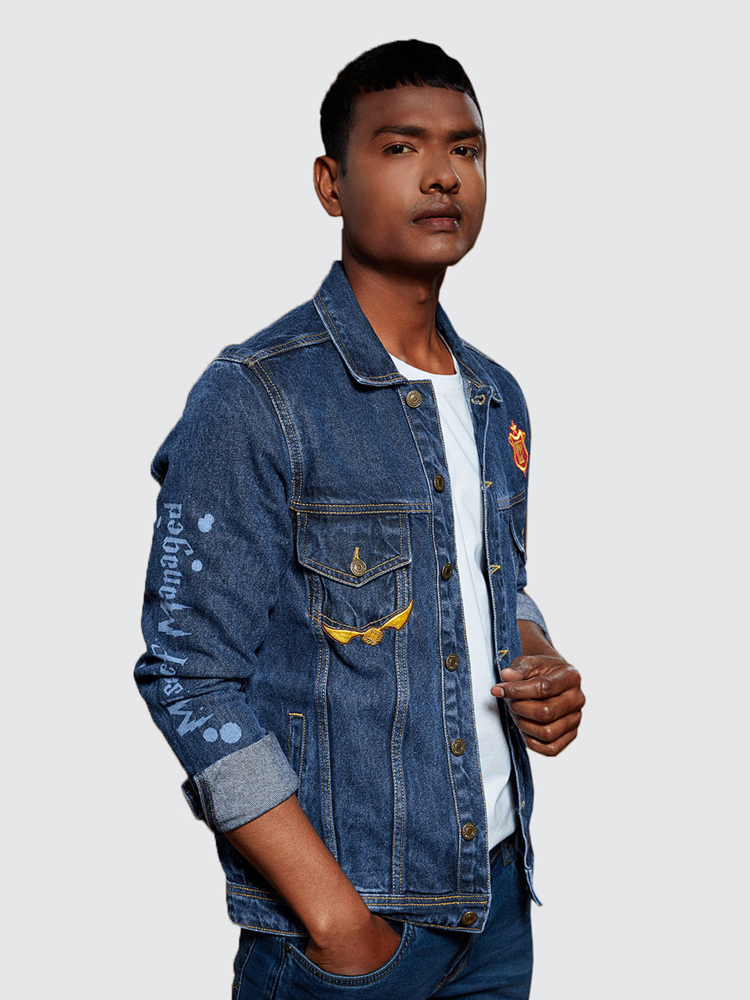 The Souled Store Men Blue Harry Potter Lightweight Cotton Denim Jacket with Patchwork