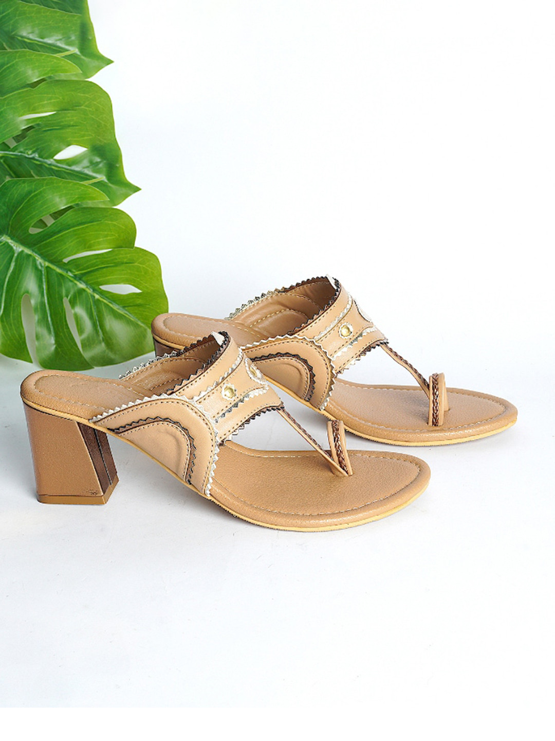 Sole House Beige Embellished PU Block Sandals