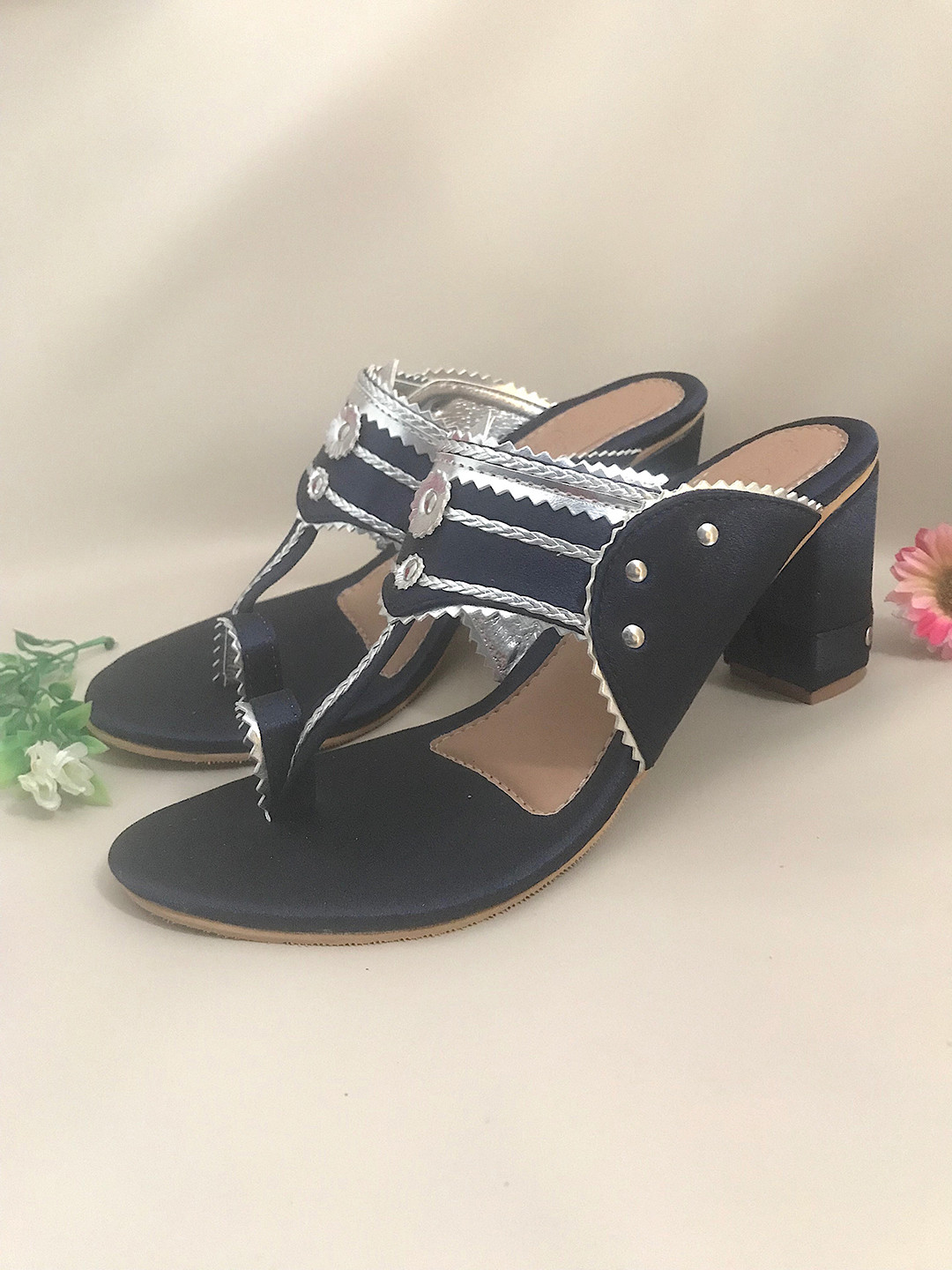 Sole House Navy Blue & Silver-Toned Embellished PU Flatform Peep Toes