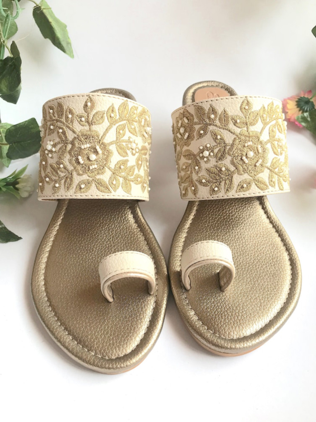 Sole House Cream-Coloured Embellished PU Block Sandals