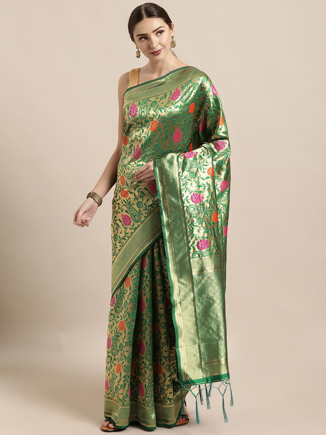 Mitera Green & Fuchsia Ethnic Motifs Zari Silk Blend Banarasi Saree