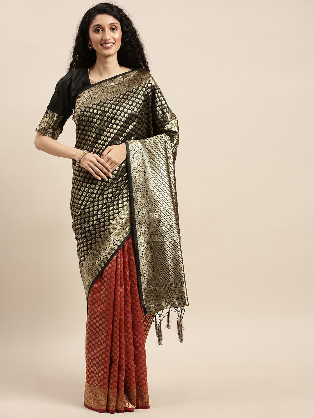 Mitera Black & Gold-Toned Ethnic Motifs Silk Blend Half and Half Banarasi Saree