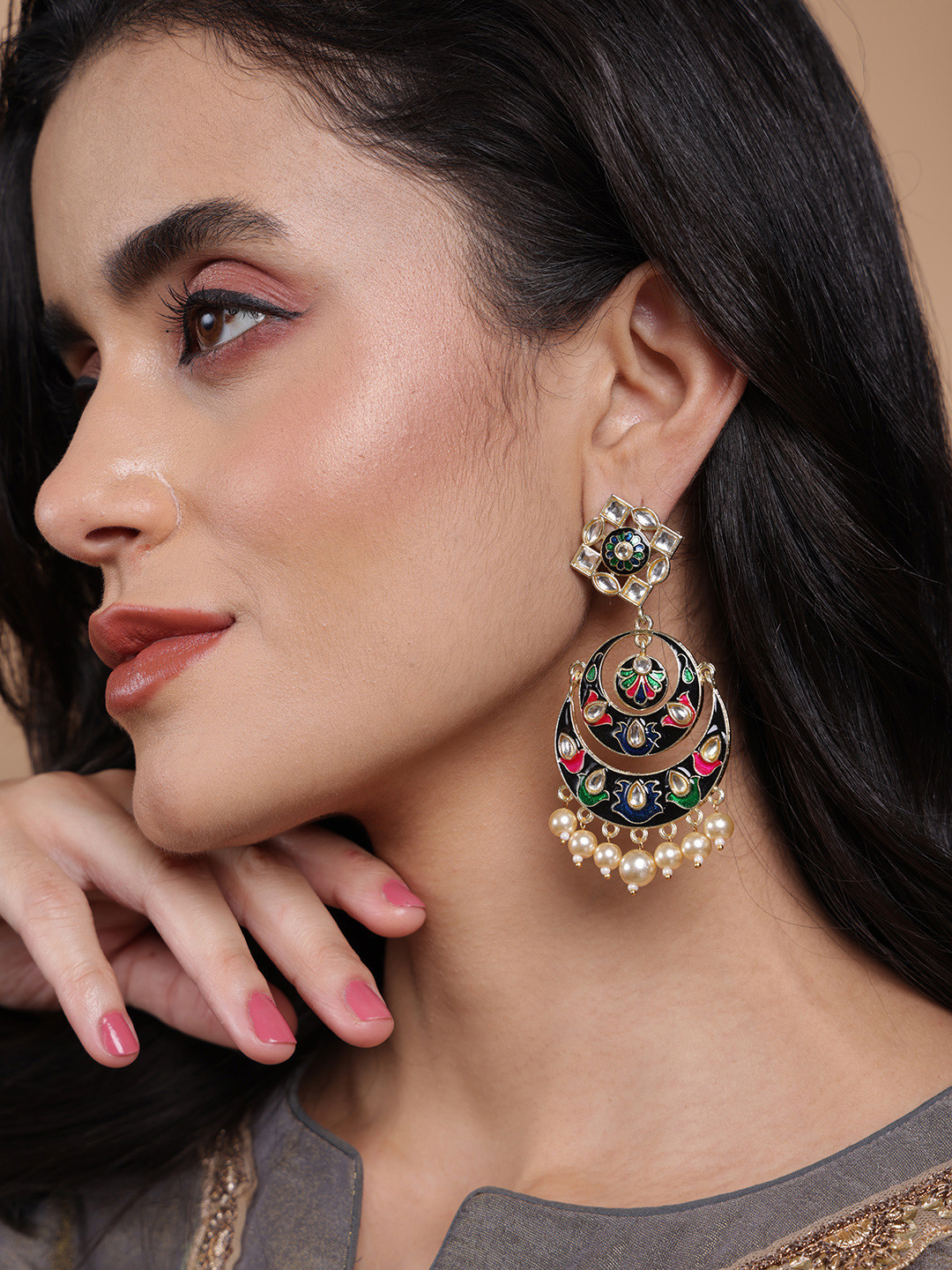 PANASH Gold-Plated Multicolor Meenakari & Kundan Chandbali Earrings with Pearl Drops