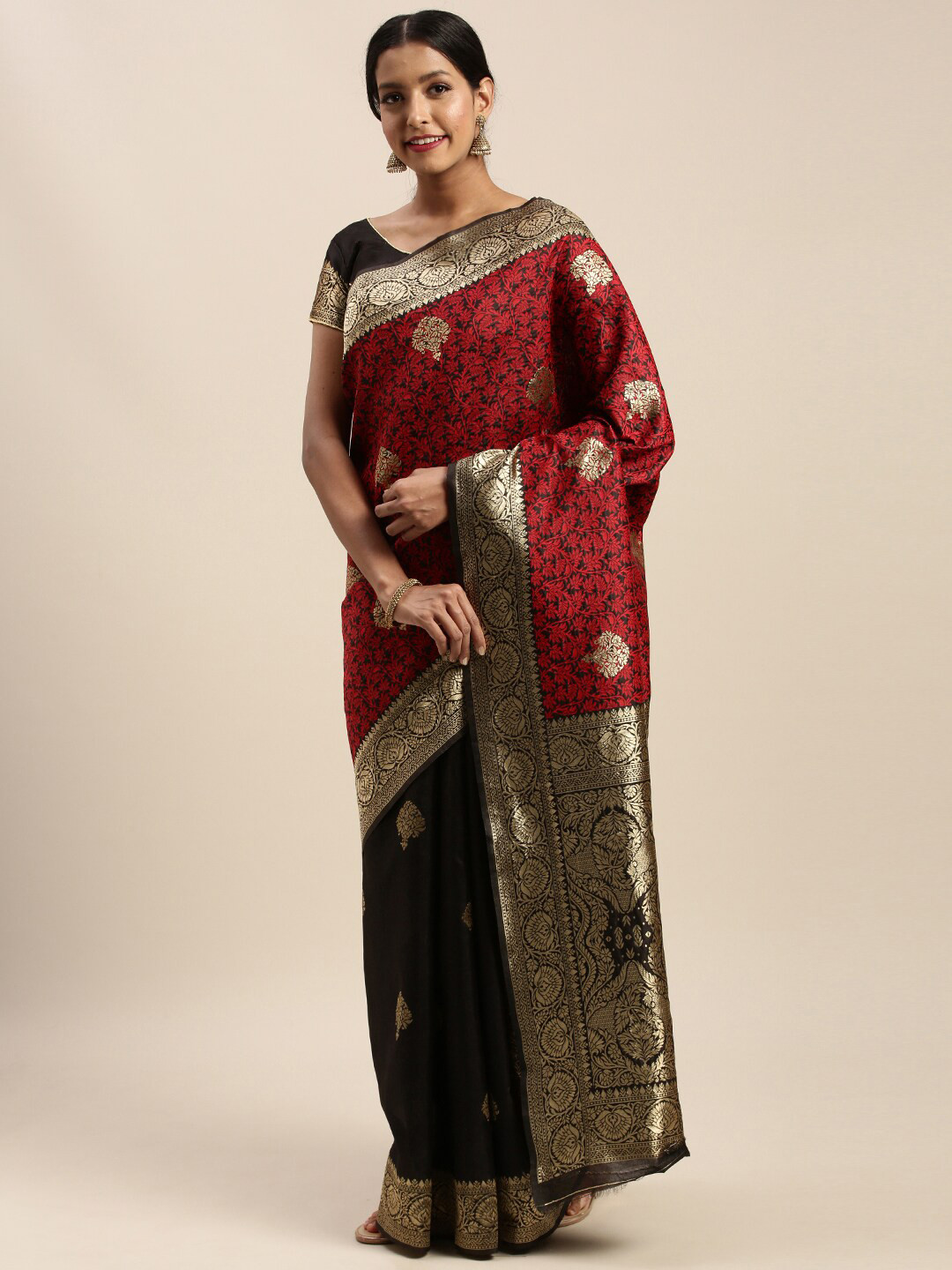 Mitera Black & Red Ethnic Motifs Silk Blend Half and Half Banarasi Saree