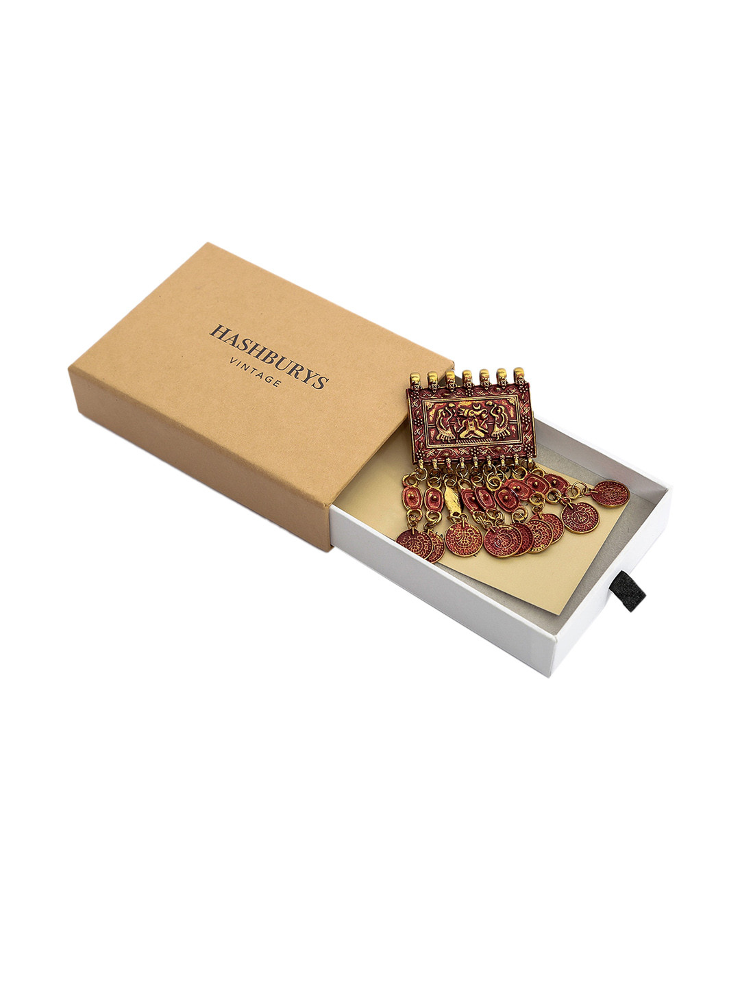 Hashburys Gold Toned & Maroon Vintage Chain Brooch