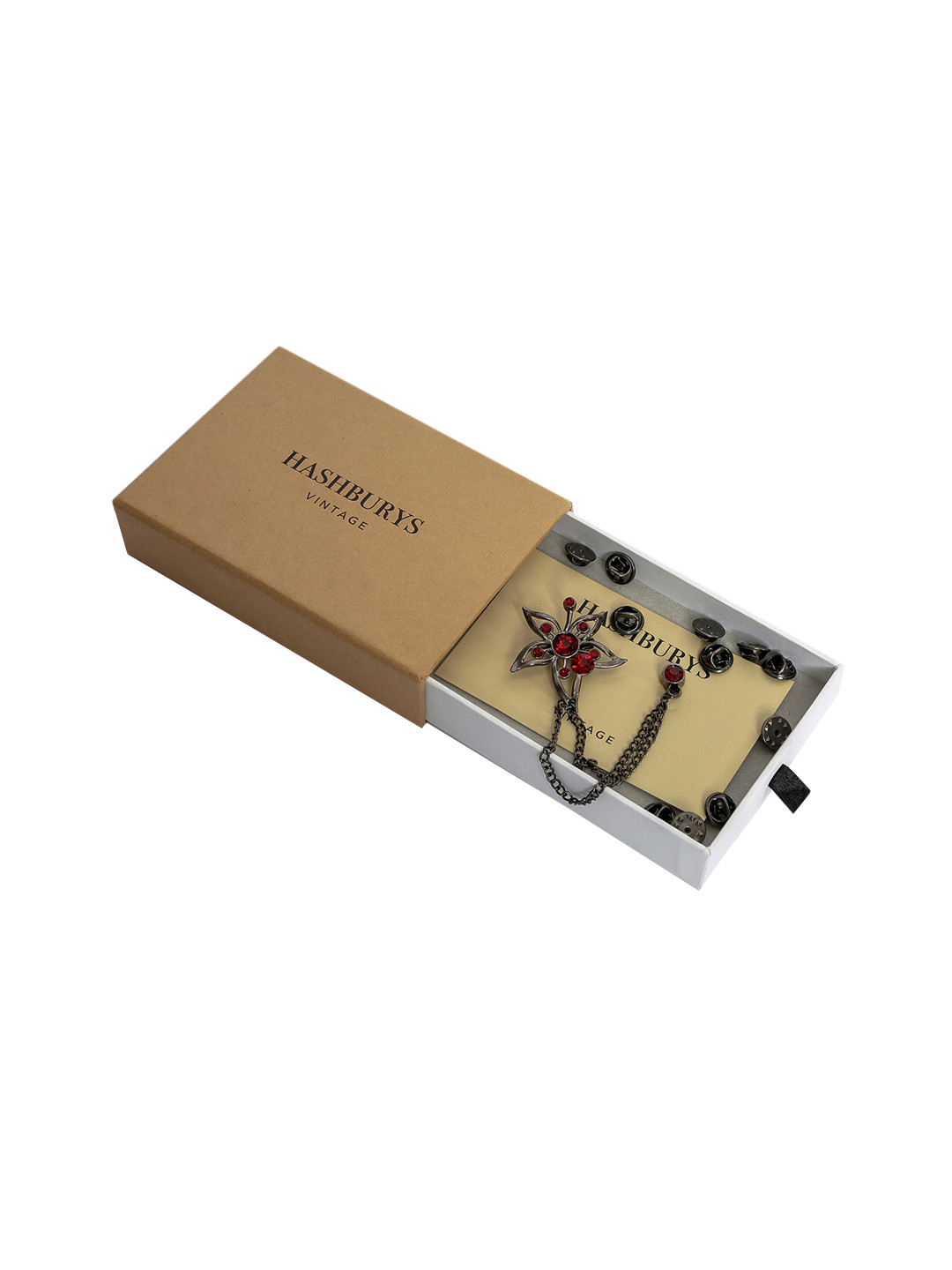 Hashburys Charcoal Grey & Red Stone Studded Vintage Brass Chain Brooch