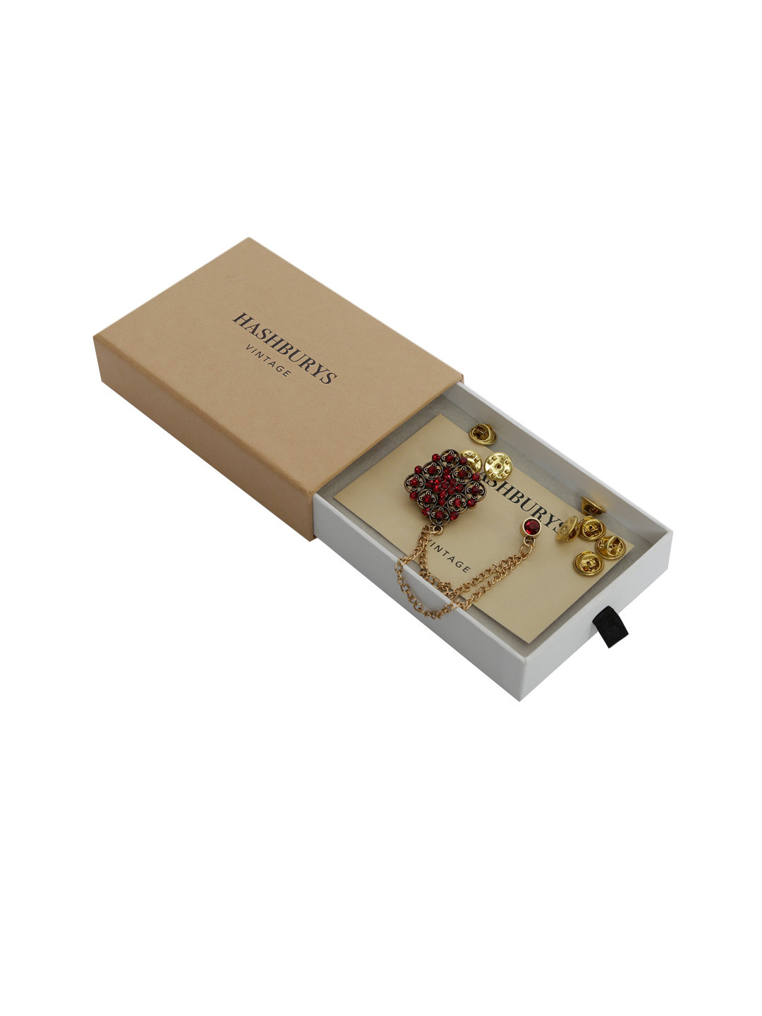 Hashburys Unisex Gold-Toned & Red Stone-Studded Chain Brooch