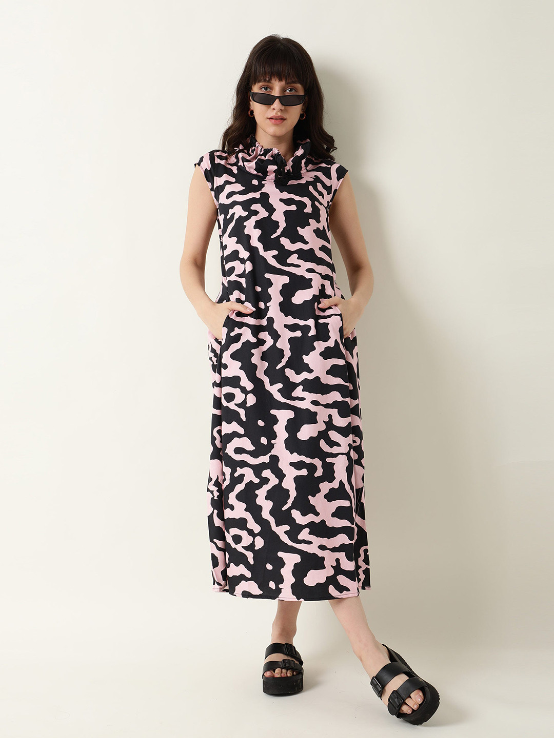 RAREISM Black & Pink Satin Shirt Midi Dress