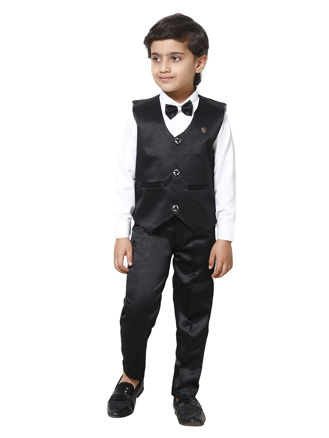 FOURFOLDS Boys Black & White Solid Shirt Trouser with Waistcoat